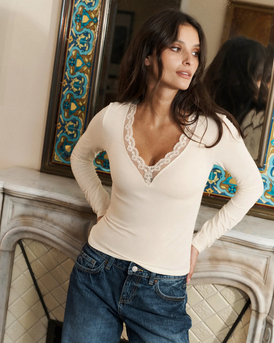 Top Décolleté Manches Longues  - Ivory